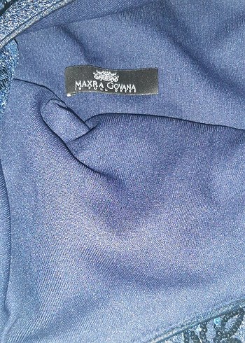 Lacivert İşlemeli V Yaka Uzun Abiye Elbise - Görsel 7