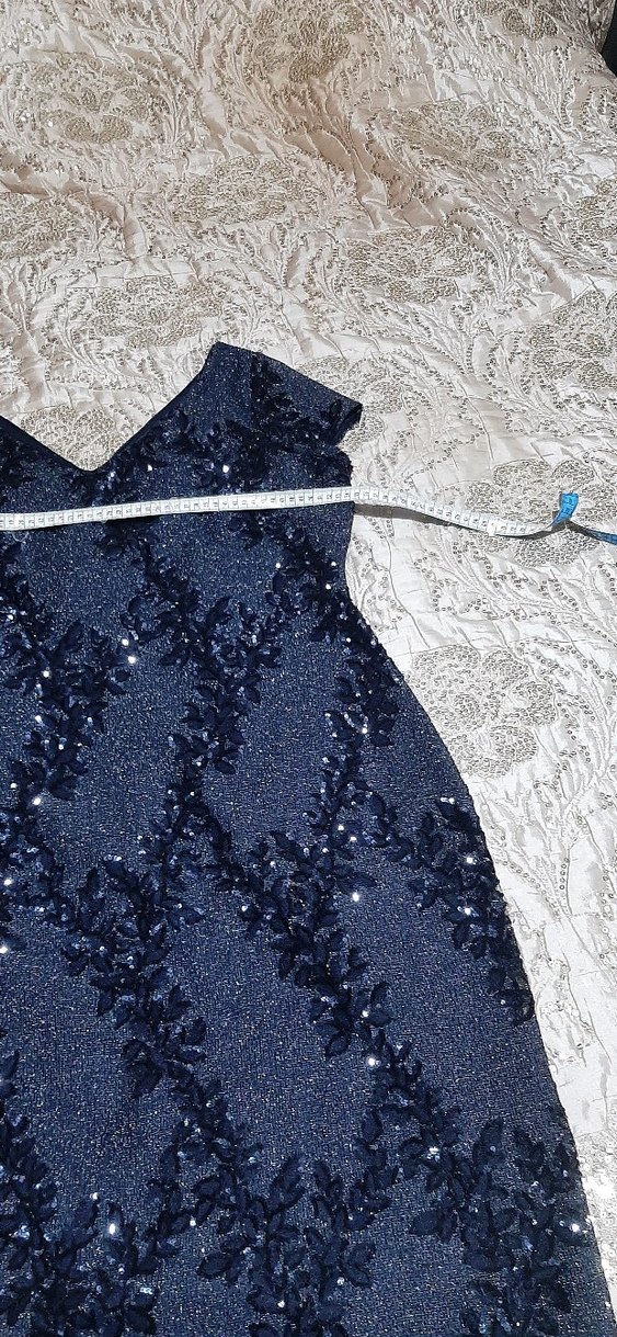 Lacivert İşlemeli V Yaka Uzun Abiye Elbise - Görsel 2