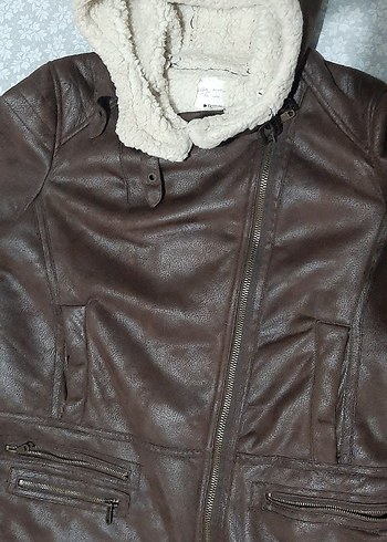 Kürklü Kahverengi Deri Kadın Biker Ceket - Görsel 2