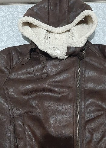 Kürklü Kahverengi Deri Kadın Biker Ceket - Görsel 4