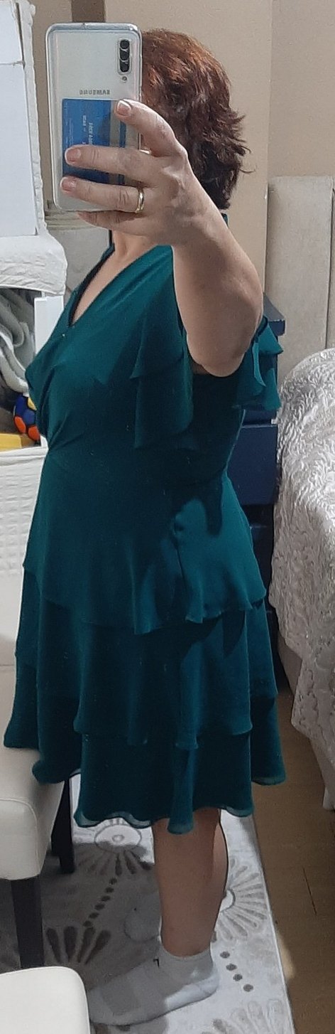 Kısa Yeşil V Yaka Drapeli Abiye Elbise - Görsel 3