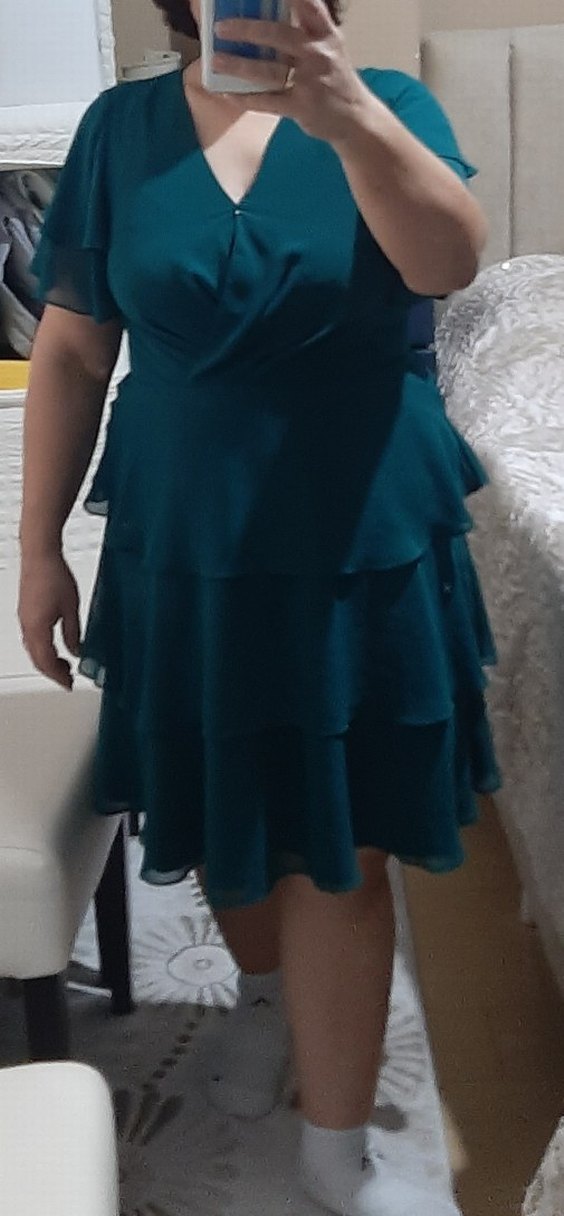 Kısa Yeşil V Yaka Drapeli Abiye Elbise - Görsel 2