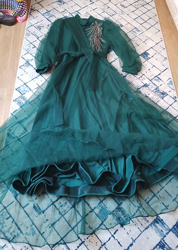 Yeşil İşlemeli Uzun Kollu Uzun Abiye - Görsel 5