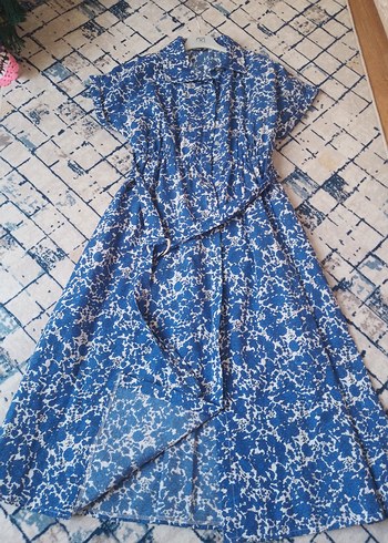 36 Beden Mavi Batik Desenli Pamuklu Bohem Elbise