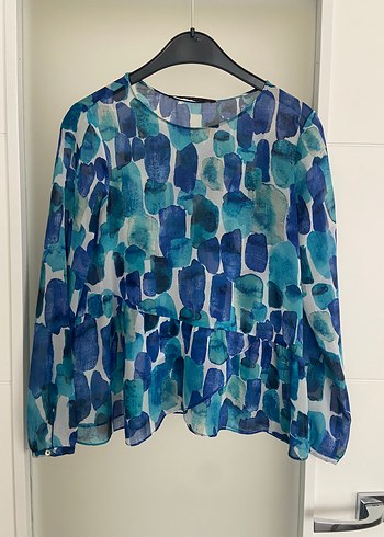 Mavi Batik Desenli Uzun Kollu Kadın Bluz