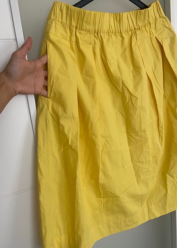 m Beden sarı Renk Kadın Sarı Midi Keten Pilili Etek