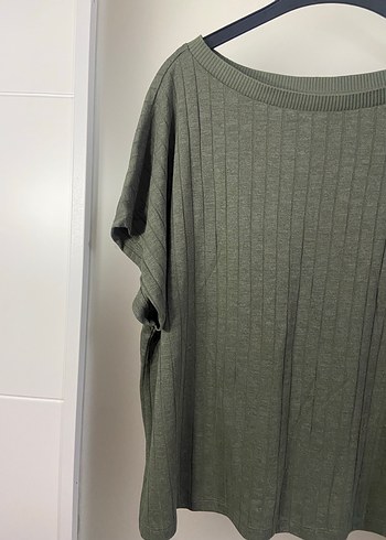 Kadın Haki Keten Kısa Kollu Salaş Kazak - Görsel 2