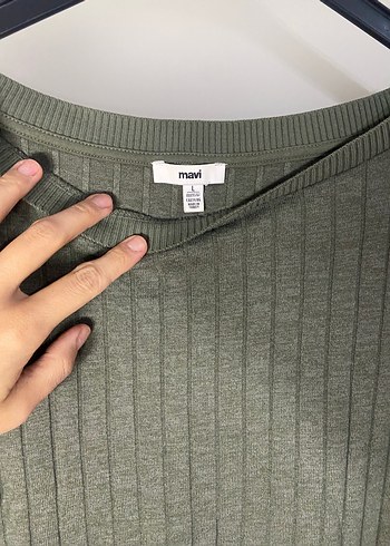 Kadın Haki Keten Kısa Kollu Salaş Kazak - Görsel 3