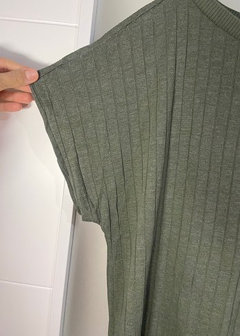 Kadın Haki Keten Kısa Kollu Salaş Kazak - Görsel 4