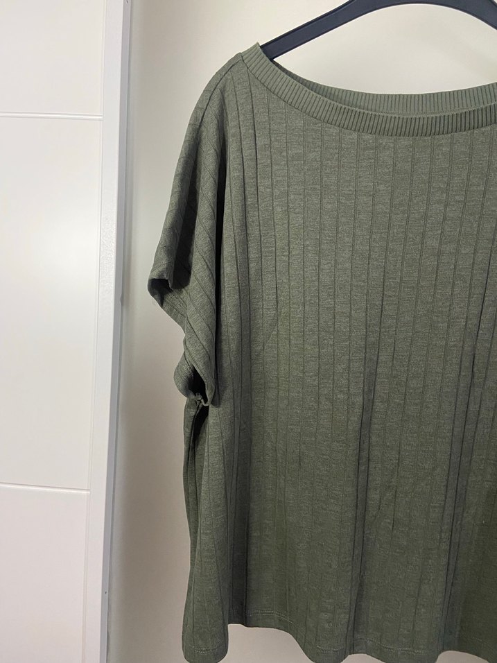 Kadın Haki Keten Kısa Kollu Salaş Kazak - Görsel 2