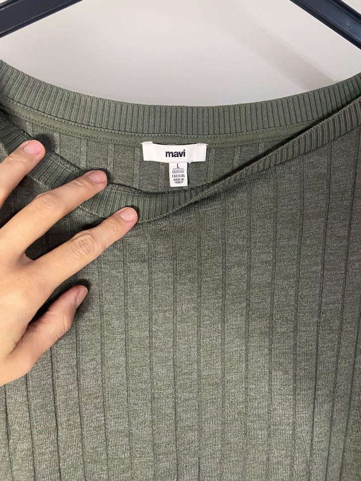 Kadın Haki Keten Kısa Kollu Salaş Kazak - Görsel 3