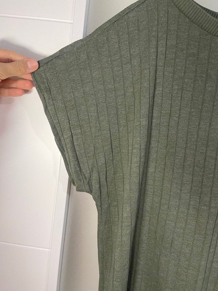 Kadın Haki Keten Kısa Kollu Salaş Kazak - Görsel 4