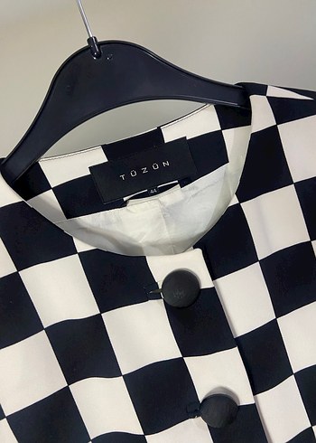 Düğmeli Siyah Beyaz Kareli Kadın Blazer - Görsel 2