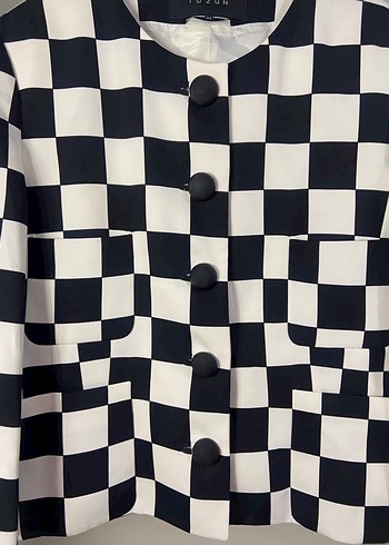 Düğmeli Siyah Beyaz Kareli Kadın Blazer - Görsel 3