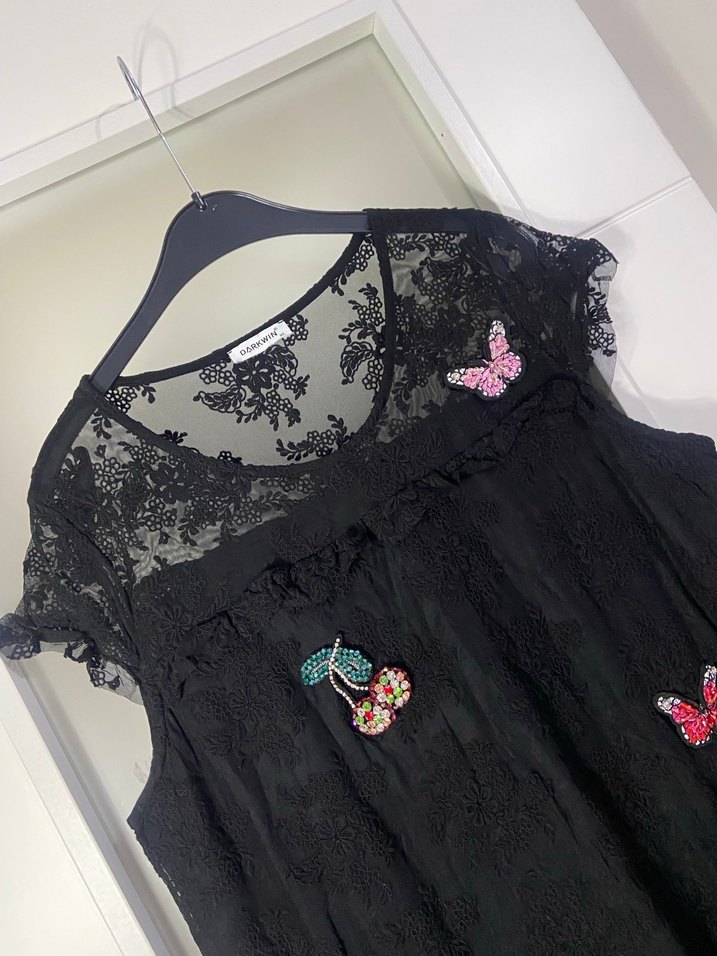 Dantel İşlemeli Siyah Kısa Gece Elbisesi - Görsel 3