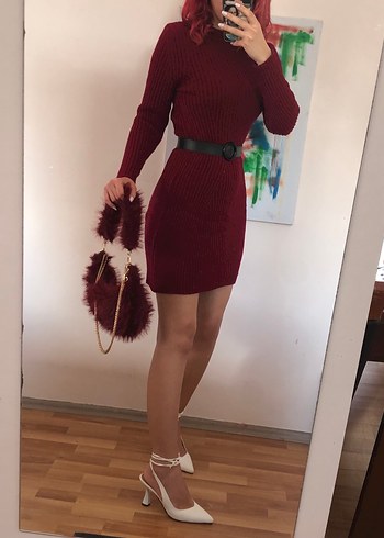 Bordo Yüksek Yakalı Triko Elbise - Görsel 5