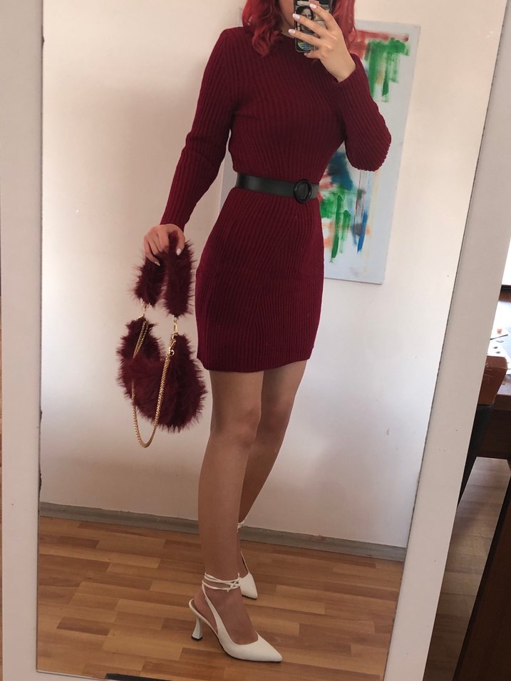 Sıfır yaka fitilli triko elbise - Görsel 3