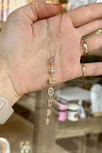 Çelik pembe taşlı y kolye