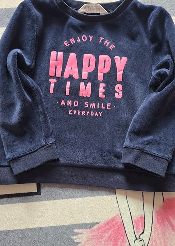 Parlak Baskılı Kız Sweatshirt Mavi