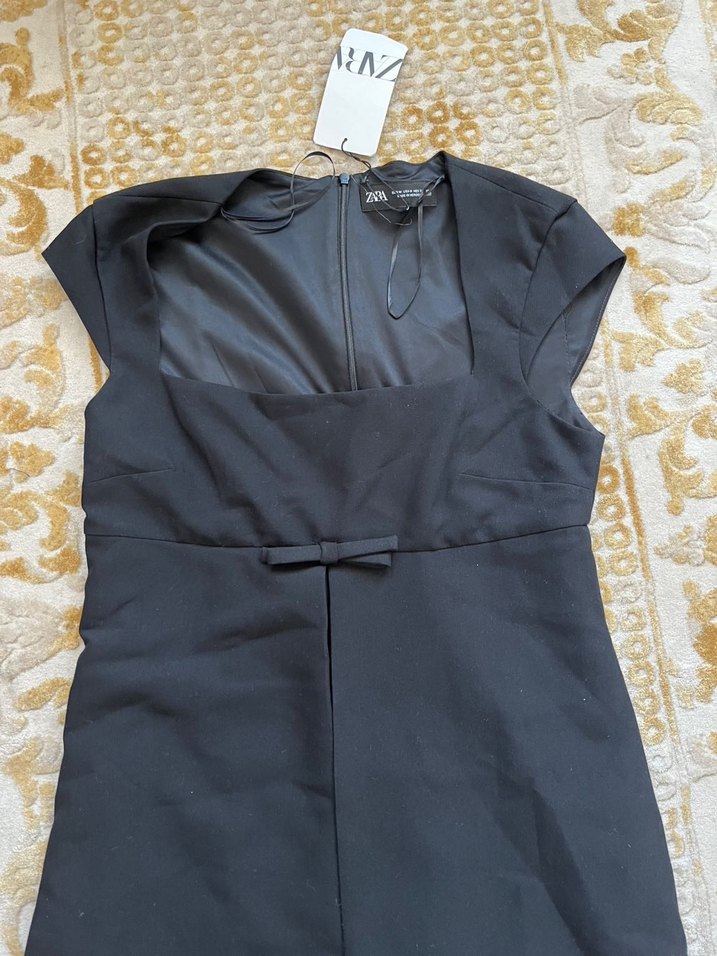 Siyah Midi Kemerli Straplez Ofis Elbisesi - Görsel 3