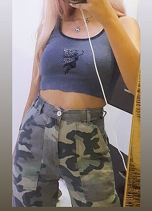 Tasarım peri baskılı crop top vintage