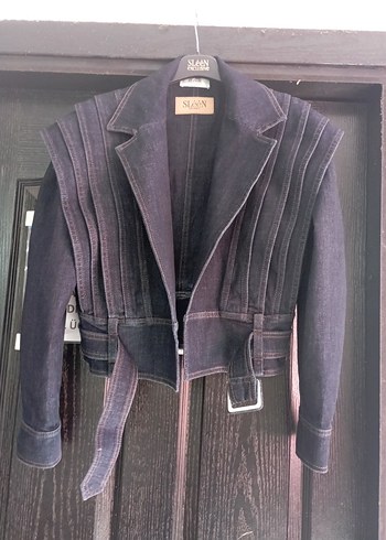 38 Beden Kadın Kemerli Koyu Gri Denim Ceket