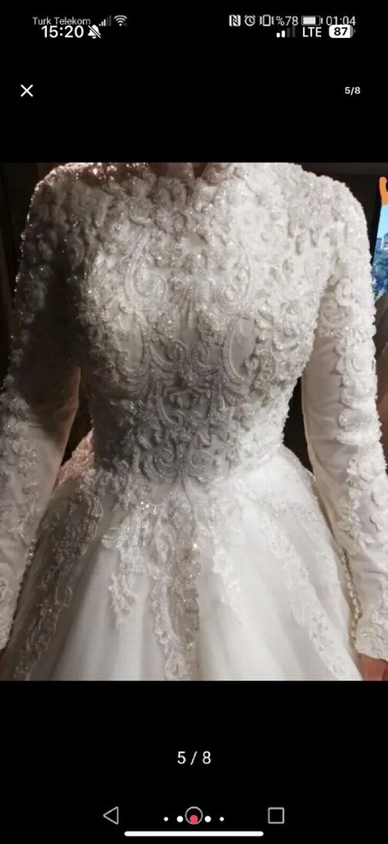 Uzun Kollu İşlemeli A Kesim Gelinlik - Görsel 4