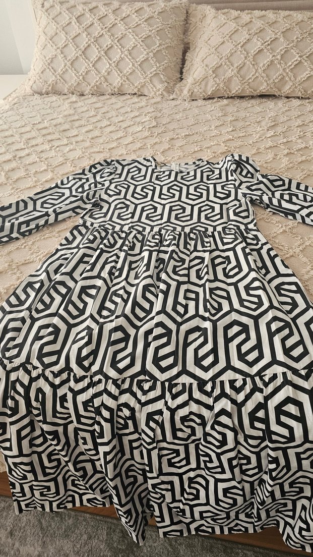 Desenli Siyah-Gri Kuşaklı Uzun Kadın Elbise - Görsel 4