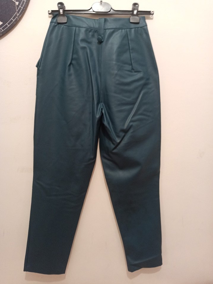 Düğmeli Turkuaz yeşili Deri Kadın Pantolon - Görsel 3