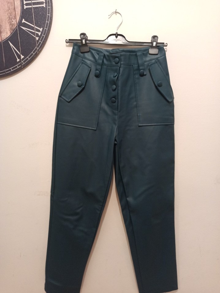 Düğmeli Turkuaz yeşili Deri Kadın Pantolon - Görsel 2