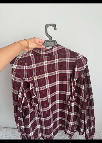Zara Bordo Kareli Fırfırlı Uzun Kollu Gömlek