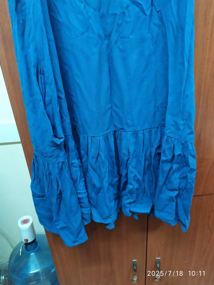 Mavi Kolsuz Midi Keten Elbise - Görsel 3