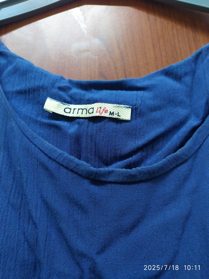 Mavi Kolsuz Midi Keten Elbise - Görsel 5