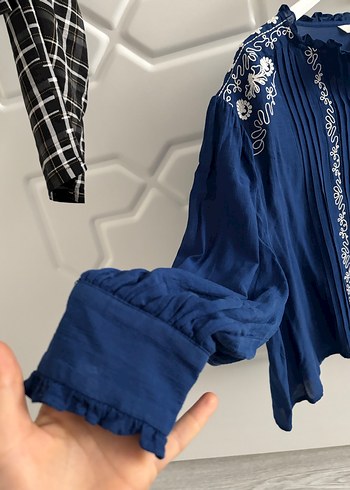 Nakışlı Mavi Pamuklu Bohem Uzun Kollu Bluz - Görsel 2