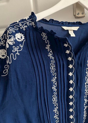 Nakışlı Mavi Pamuklu Bohem Uzun Kollu Bluz - Görsel 3