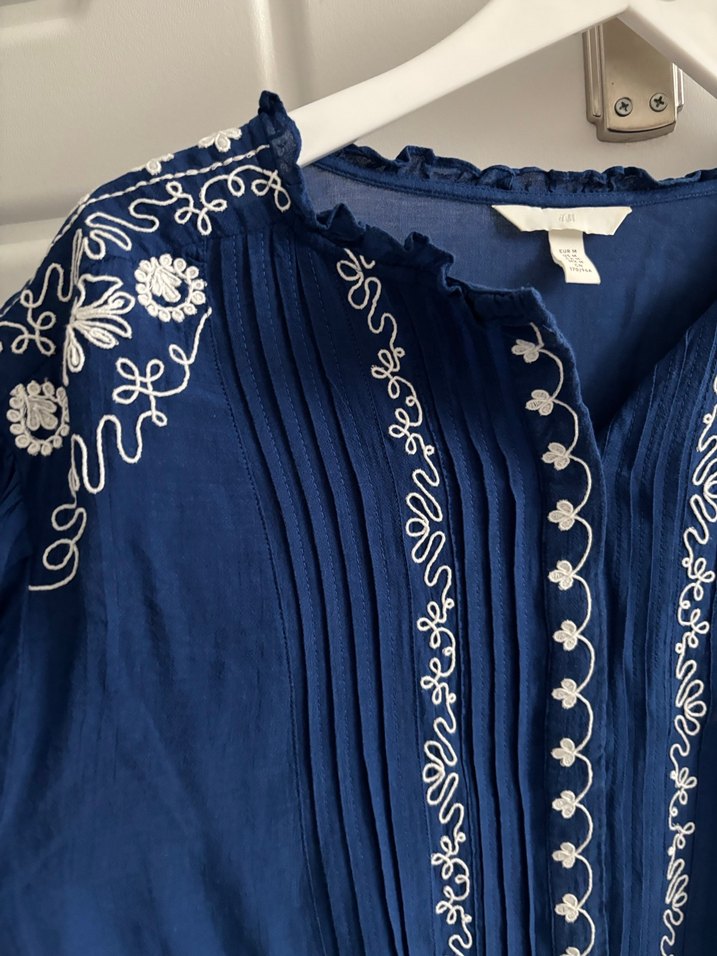 Nakışlı Mavi Pamuklu Bohem Uzun Kollu Bluz - Görsel 3