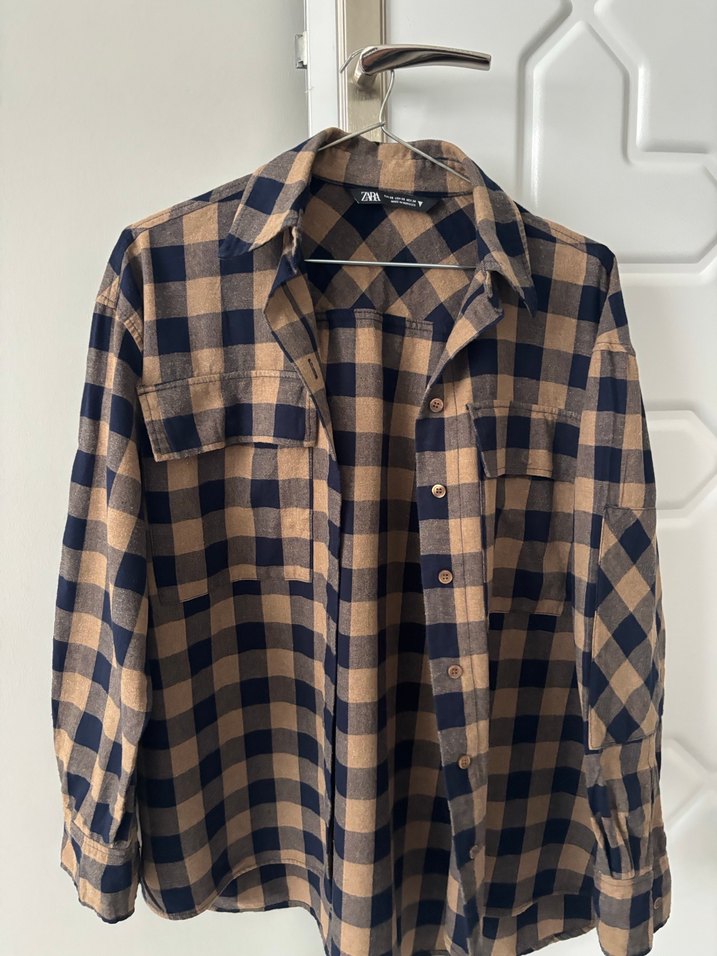 Düğmeli Kahverengi Kareli Uzun Kollu Gömlek - Görsel 2