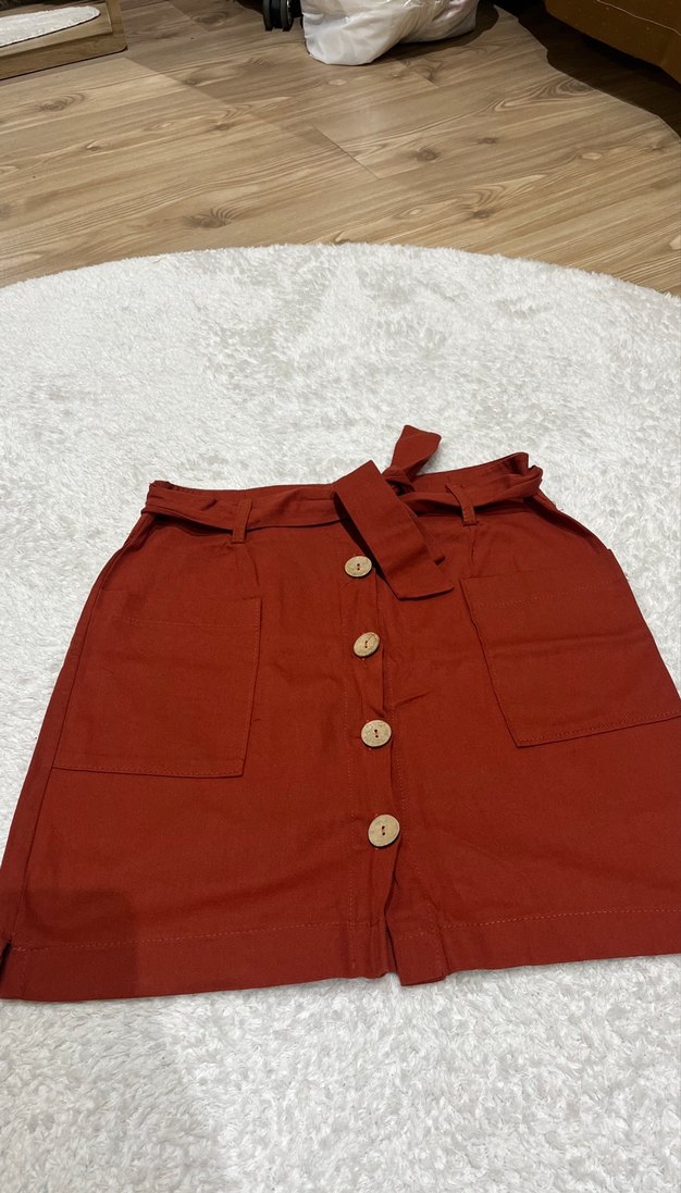 Düğmeli Koyu Kahverengi Mini Etek - Görsel 2