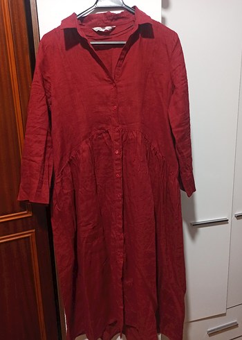 Bordo Uzun Kollu Keten Bohem Elbise