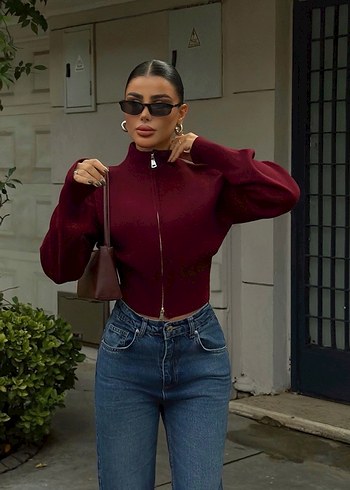 Bordo çift Fermuarlı Triko Hırka - Görsel 3