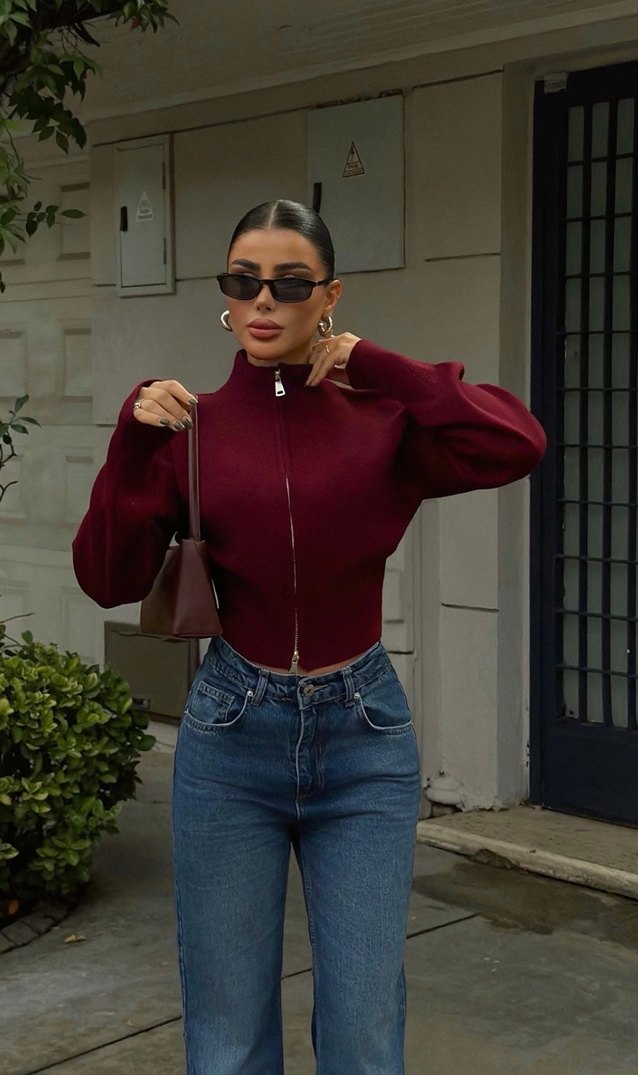 Bordo çift Fermuarlı Triko Hırka - Görsel 3