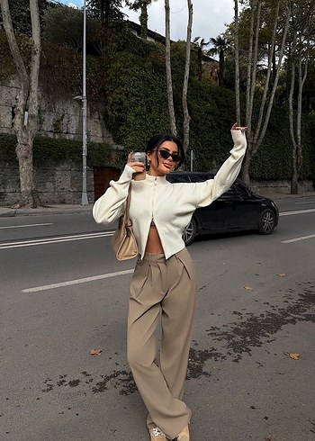 Krem çift fermuarlı triko hırka - Görsel 3