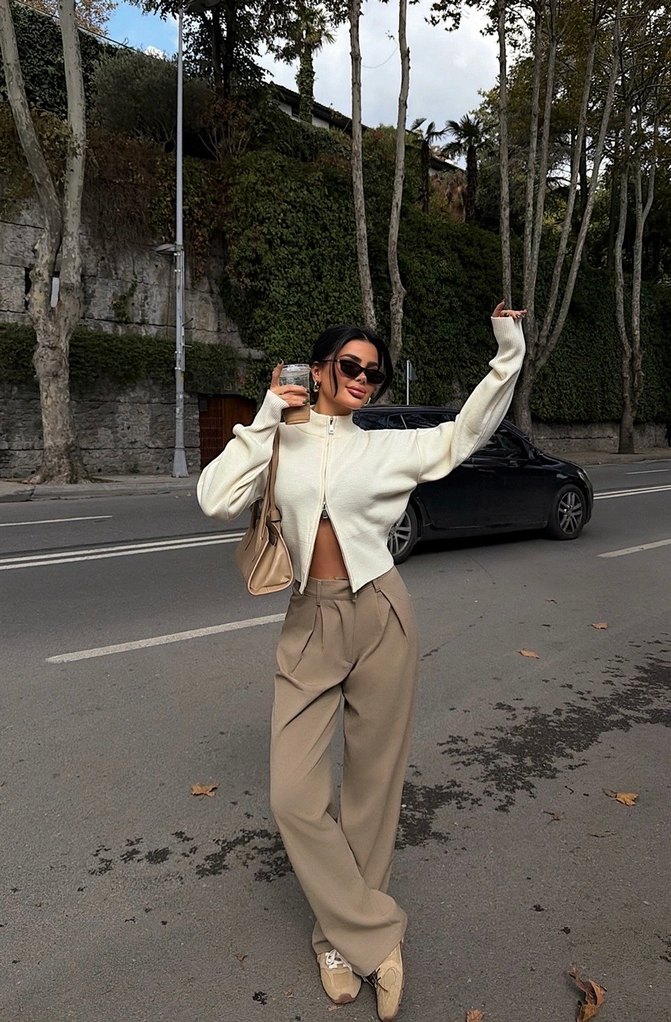 Krem çift fermuarlı triko hırka - Görsel 3