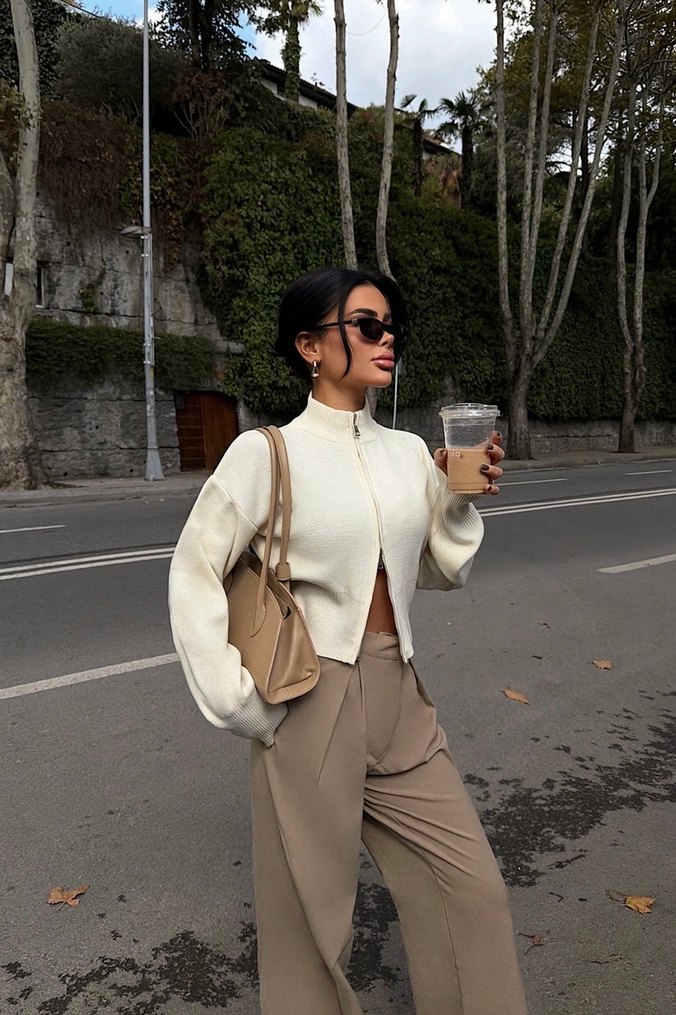 Krem çift fermuarlı triko hırka - Görsel 2