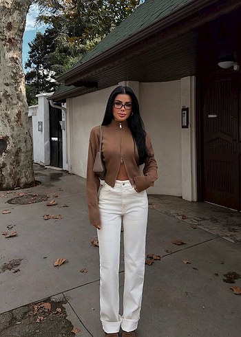 Kahverengi çift fermuarlı triko hırka - Görsel 3