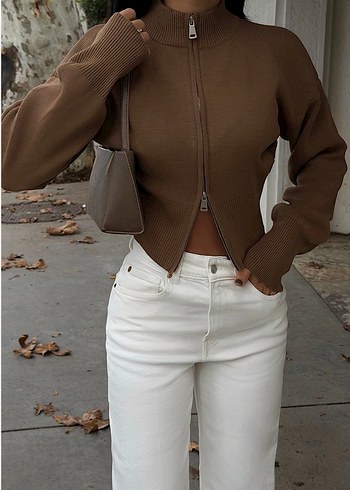 Kahverengi çift fermuarlı triko hırka - Görsel 2