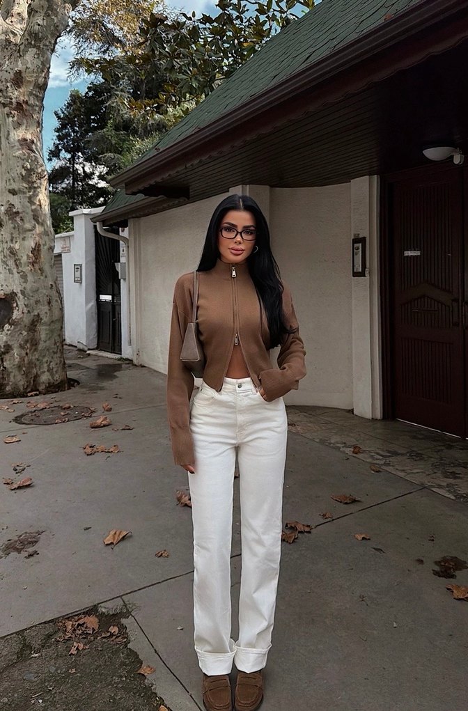 Kahverengi çift fermuarlı triko hırka - Görsel 3