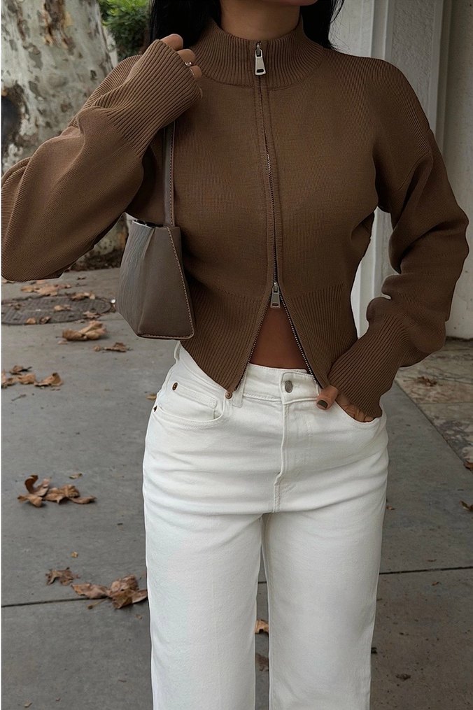 Kahverengi çift fermuarlı triko hırka - Görsel 2