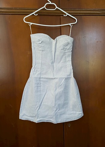 Beyaz Straplez Midi Denim Elbise