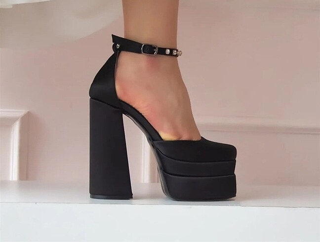 Shoe Tek SATEN TAŞLI ÇİFT PLATFORM RİANA SİYAH